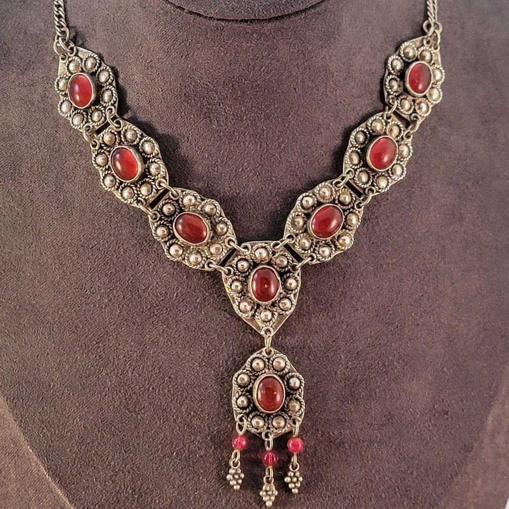 Vintage Sterling Carnelian Tribal Middle Eastern Y Necklace